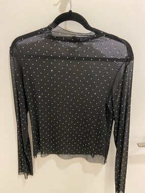 Black Sheer Long-Sleeve Mesh Top with Crystal Dot Detail
